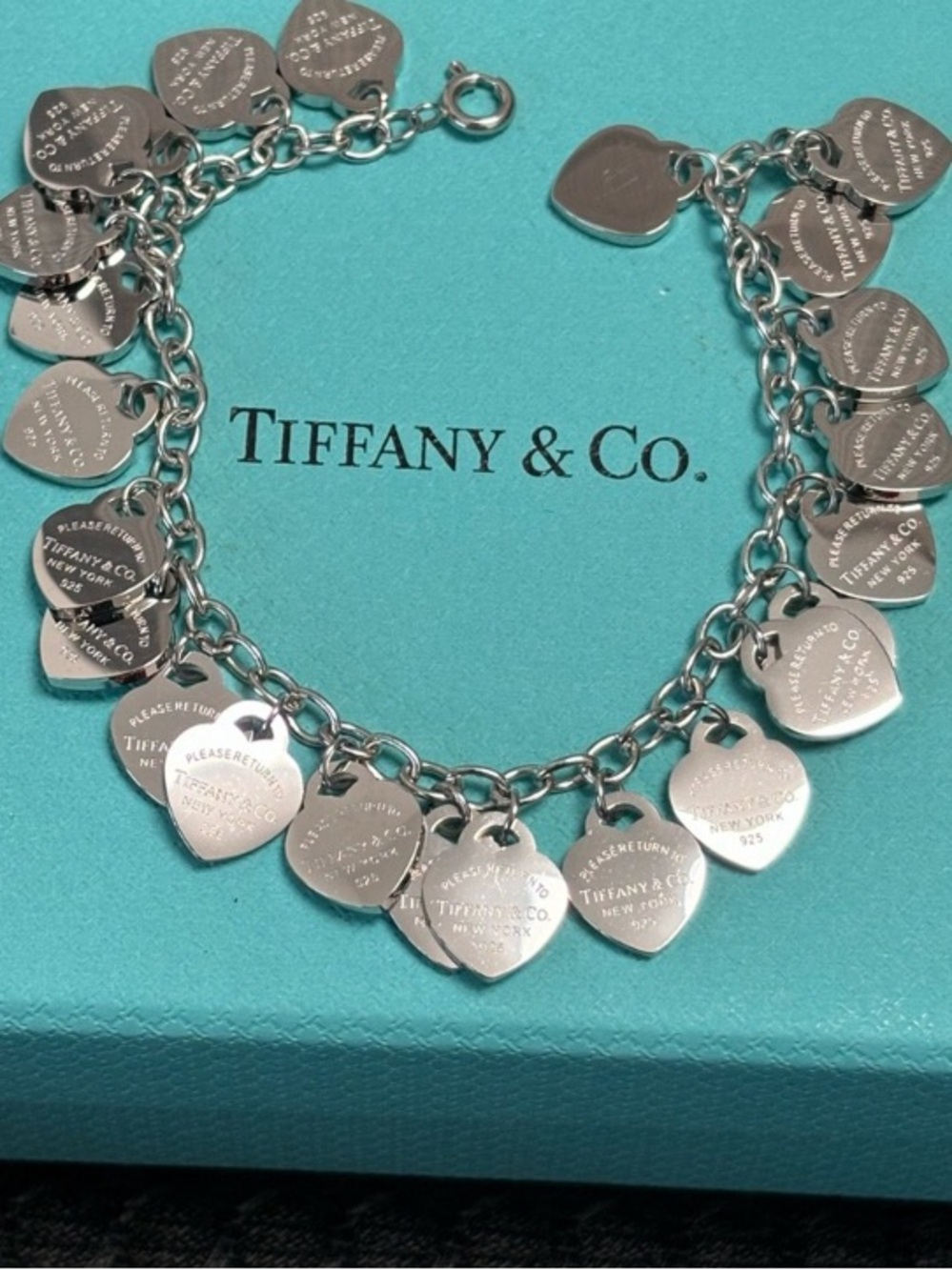 Tiffany & Co. Sterling Silver Heart Charm Bracelet with Signature Blue Box
